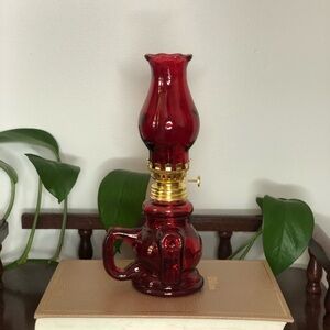 Miniature Red Glass Oil Lamp With Gold Burner